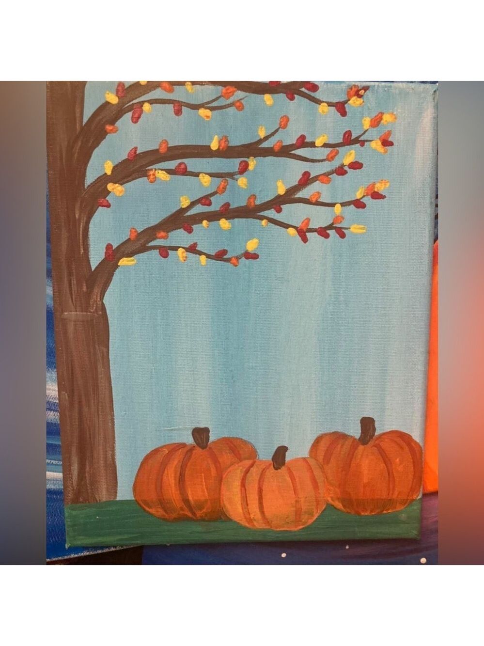 Fall Autumn Tree and Pumpkins Canvas Art handmade painting art by me